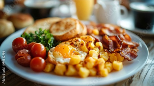 Enjoy a tasty breakfast platter with eggs, bacon, and veggies in a cozy cafe