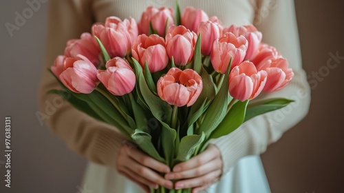 A person holding a beautiful bouquet of pink tulips indoors in soft lighting