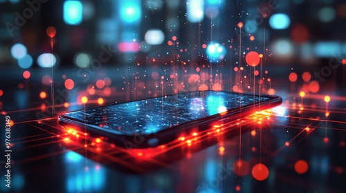 Smartphone displaying digital connections against a blurred cityscape at night