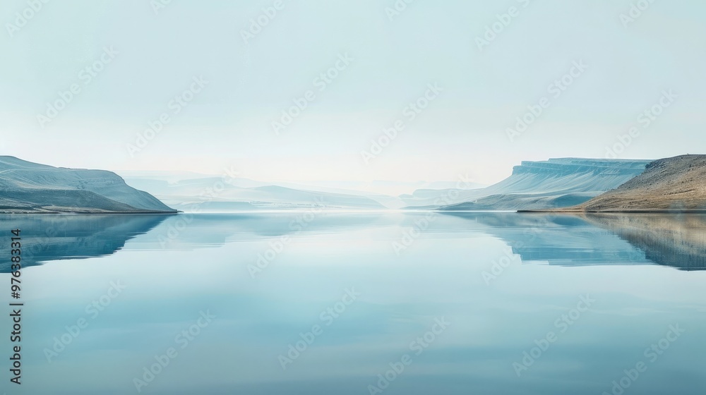 Majestic snow capped mountain peaks reflected in the calm crystal clear waters of a tranquil alpine lake creating a serene and picturesque landscape  The peaceful scene evokes a sense of harmony