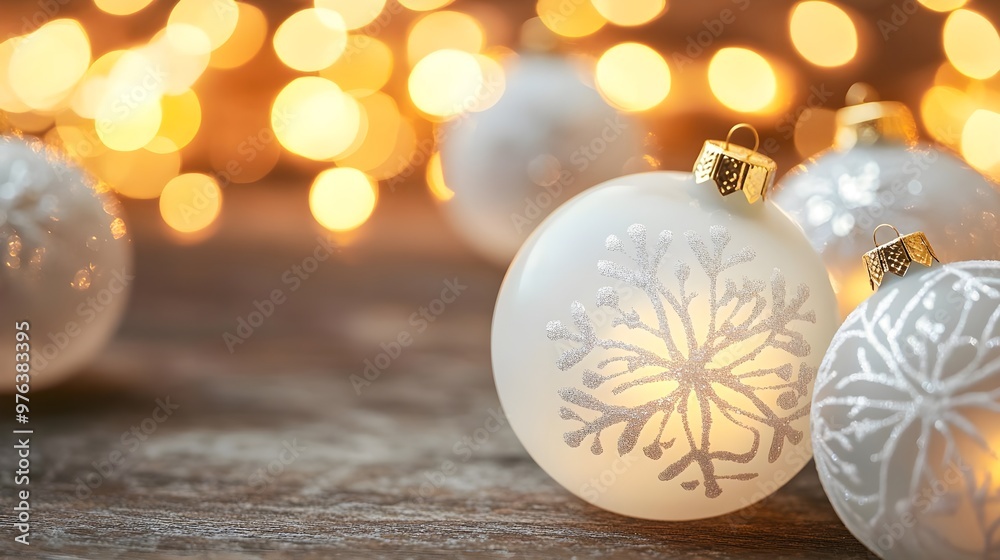 Fototapeta premium White Christmas Ornaments with Snowflake Design and Golden Lights
