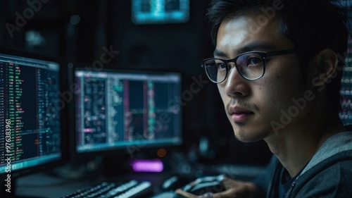 asian, computer, programmer, hacker, network security, hacking, cybercrime, coding, software, digital security, cyberattack, firewall, encryption, system breach, virus protection, malware, data theft