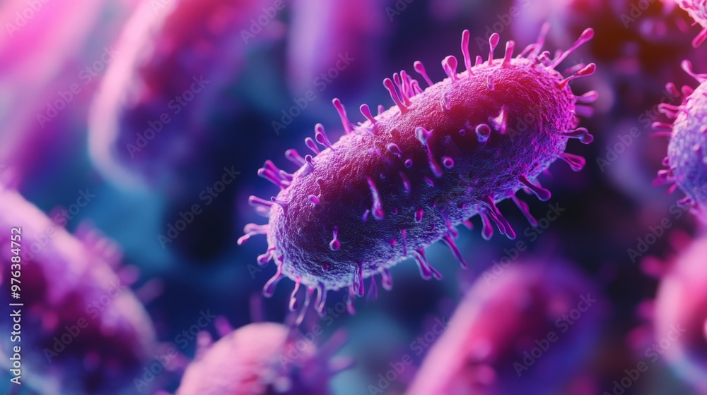 Fototapeta premium 3d render of bacteria in purple and pink colors. Medical background