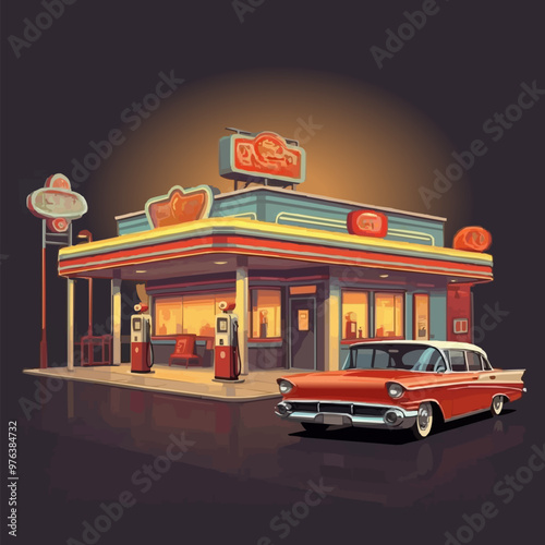 Car gas station in retro style. Classic car with gas station. EPS version.