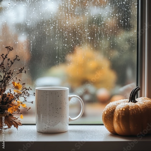 Cozy autumn morning with a warm mug, decorative pumpkin, and raindrops on a window illuminated by soft natural light