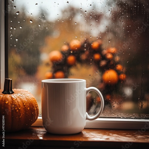Cozy autumn setting with a warm drink beside pumpkins and raindrops on the window in a rustic home