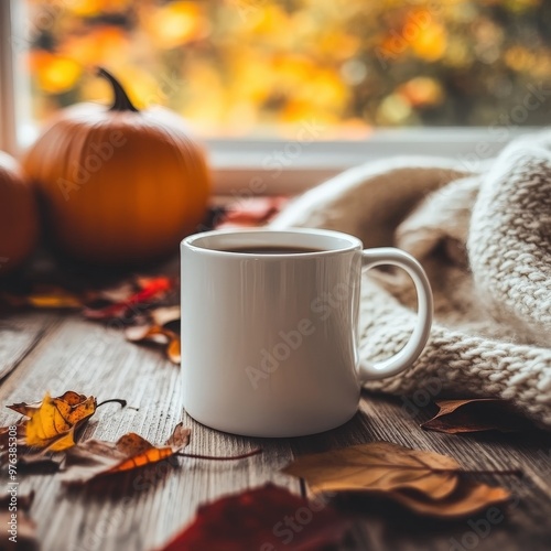 A cozy autumn morning with a steaming cup of coffee and pumpkins by a large window with colorful fall leaves