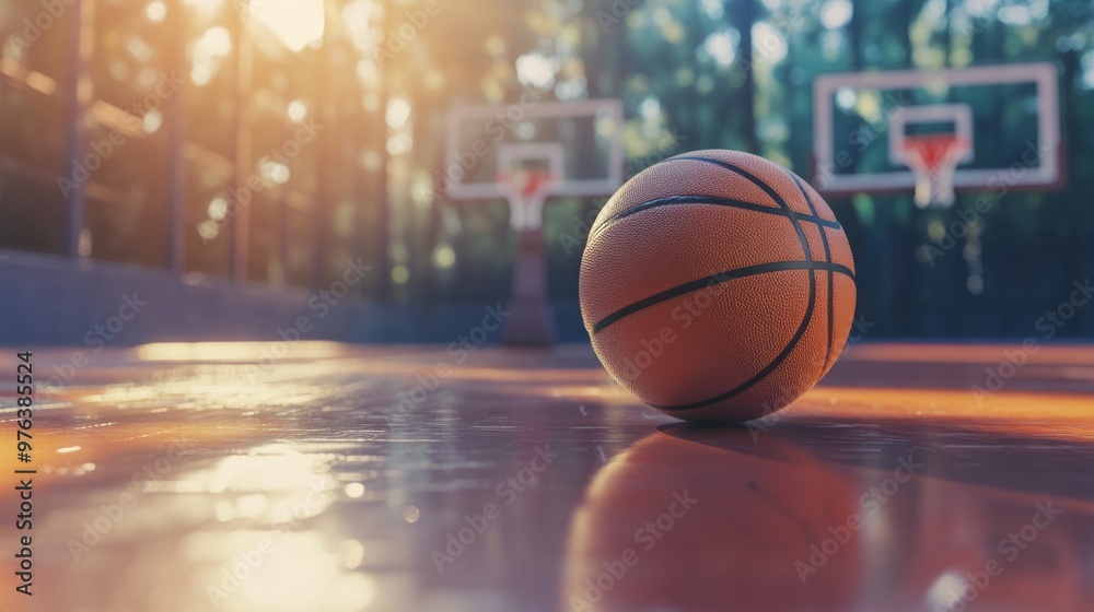 Close-up of a basketball on the court with a blurred background Close-up of a basketball on the court with a blurred background