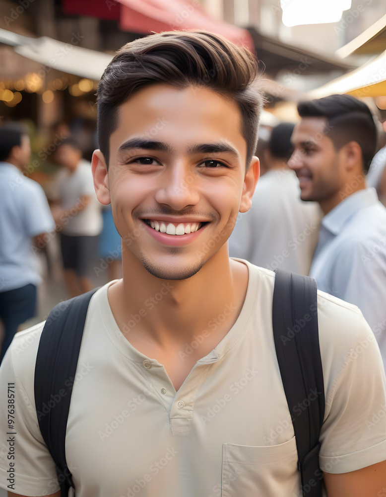Picture of a young man with a smile face in public street Picture of a young man with a smile face in public street