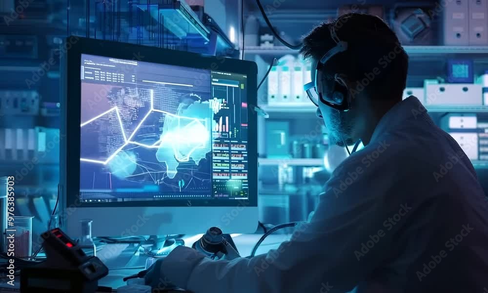 Scientist analyzing data on a computer screen in a lab, Video Scientist analyzing data on a computer screen in a lab, Video