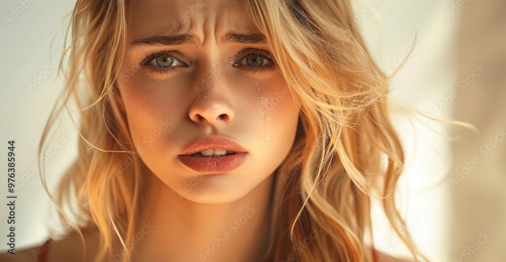 Fototapeta premium An attractive blonde woman crying, isolated on white background. Generative AI.