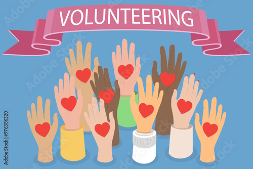 3D Isometric Flat Vector Illustration of Volunteering, Gesture of Raised Hands with Red Heart Symbol