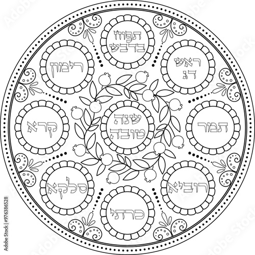 Judaica Rosh Hashanah simanim plate decorative illustration with Hebrew titles. Jewish art black linear traditional seder platter. Judaism coloring page. Translation: "A good year"