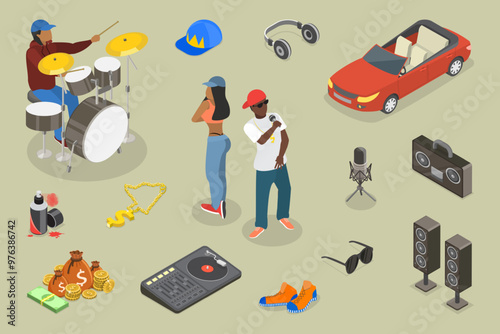 3D Isometric Flat Vector Illustration of Rap Music And Hip-hop Style, Graphic Elements Set