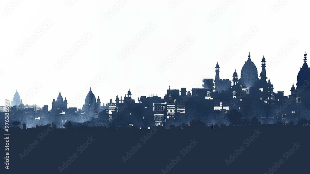 Silhouette of Varanasi skyline at dusk with historic temples and buildings in India against a clear sky. Silhouette of Varanasi skyline at dusk with historic temples and buildings in India against a clear sky.