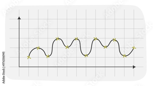 A wavy line graph with marked data points on a gray grid background, representing fluctuating trends or statistical analysis in a minimalist style