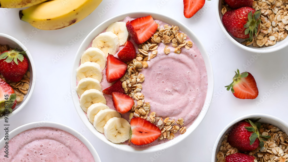 Strawberry Banana Smoothie Bowl Topped with Fresh Sliced Bananas, Strawberries, and Granola Surrounded by Additional Fresh Ingredients Strawberry Banana Smoothie Bowl Topped with Fresh Sliced Bananas, Strawberries, and Granola Surrounded by Additional Fresh Ingredients