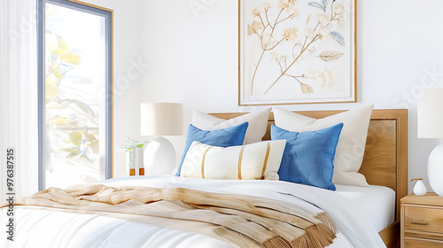 Modern bedroom home decor with cozy bedding and stylish pillows featuring natural light