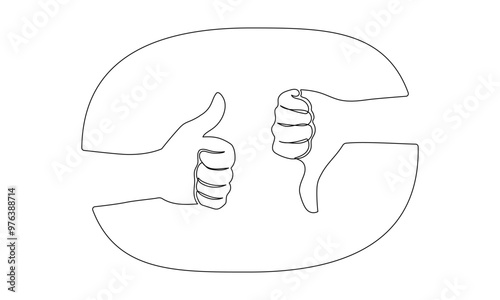 Thumbs up and down in one continuous line drawing. Hand showing like and dislike in simple linear style. Positive and negative finger in editable stroke. Doodle vector illustration