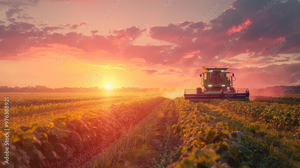 Fototapeta premium Vibrant sunset casts a warm glow over a vast wheat field in the countryside A tractor is hard at work harvesting the golden crops showcasing the productivity and abundance of the rural landscape