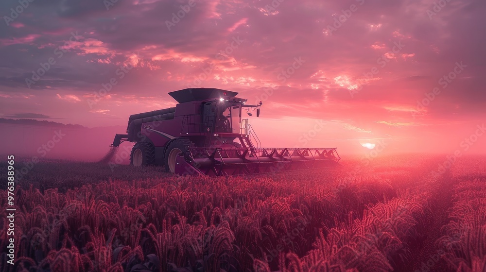 Fototapeta premium Dramatic sunset colors paint the sky in vibrant hues as a powerful combine harvester works its way through a sprawling golden wheat field