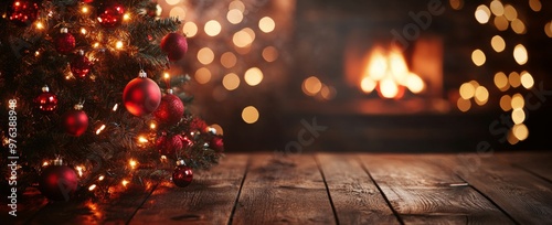 Christmas tree with red baubles and bokeh lights on a wooden table against a fireplace background. Free space for text