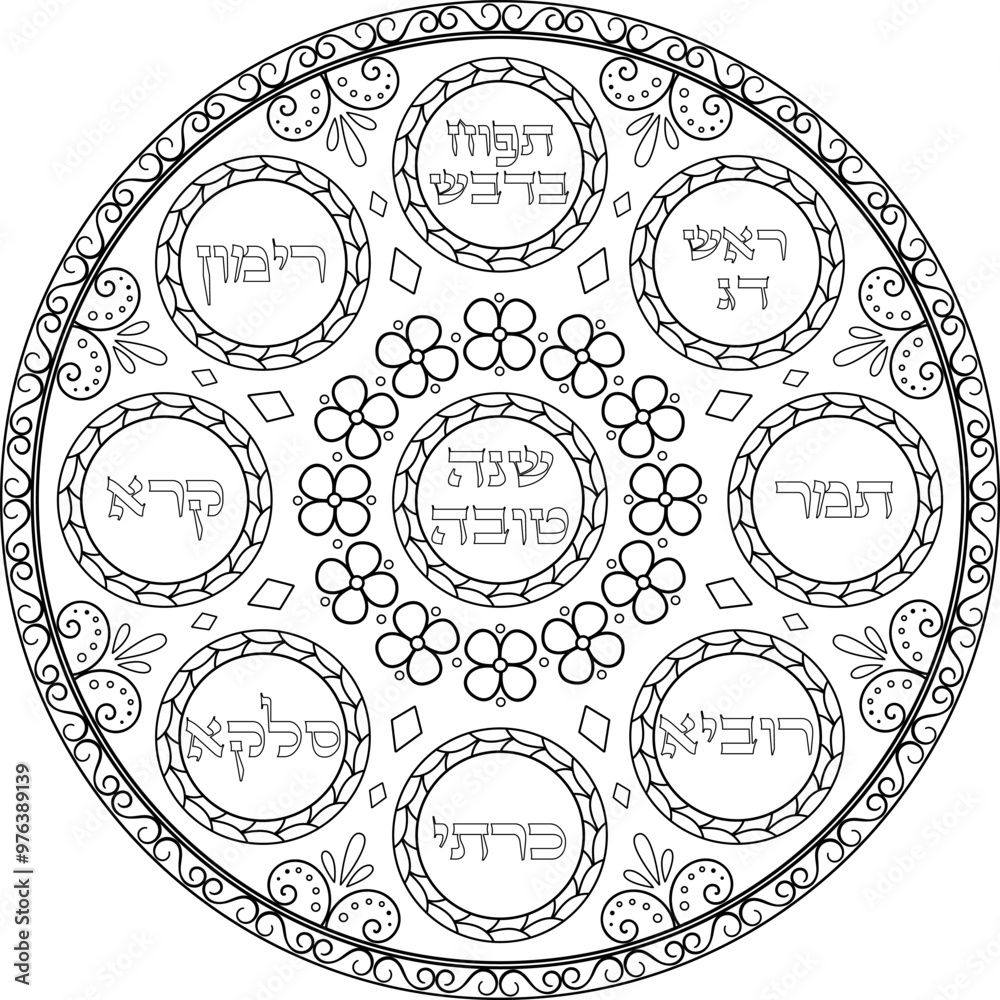 Judaica Rosh Hashanah holiday simanim plate coloring page. Jewish new year outline illustration. Translation: Judaica Rosh Hashanah holiday simanim plate coloring page. Jewish new year outline illustration. Translation: