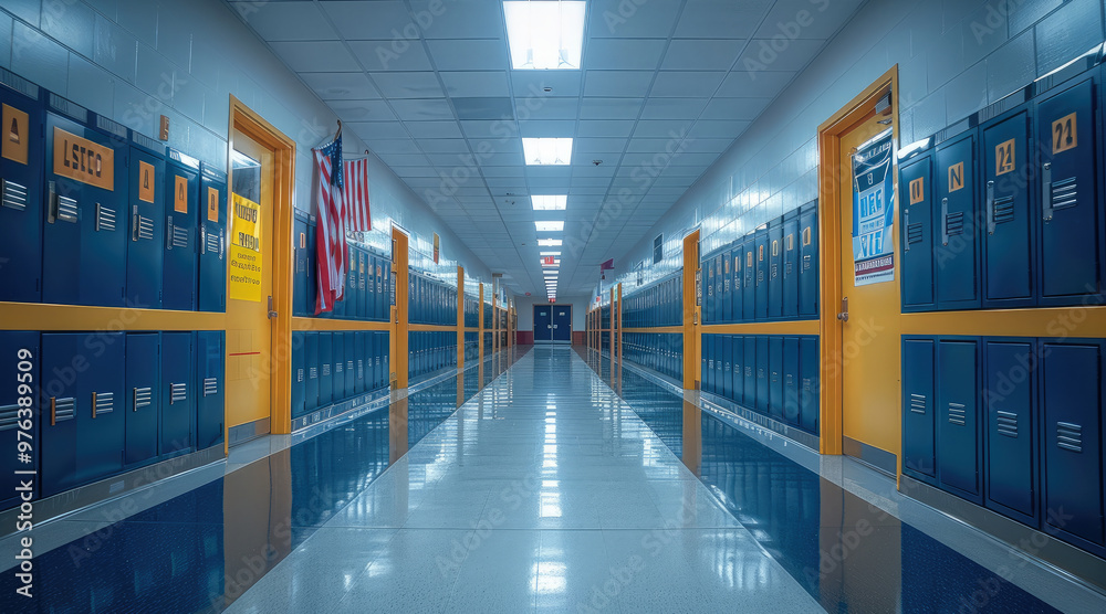 Fototapeta premium A brightly lit high school hallway. Classroom door entrances can be seen on either side of the hall, bulletin boards, School Lockers. Generative AI.