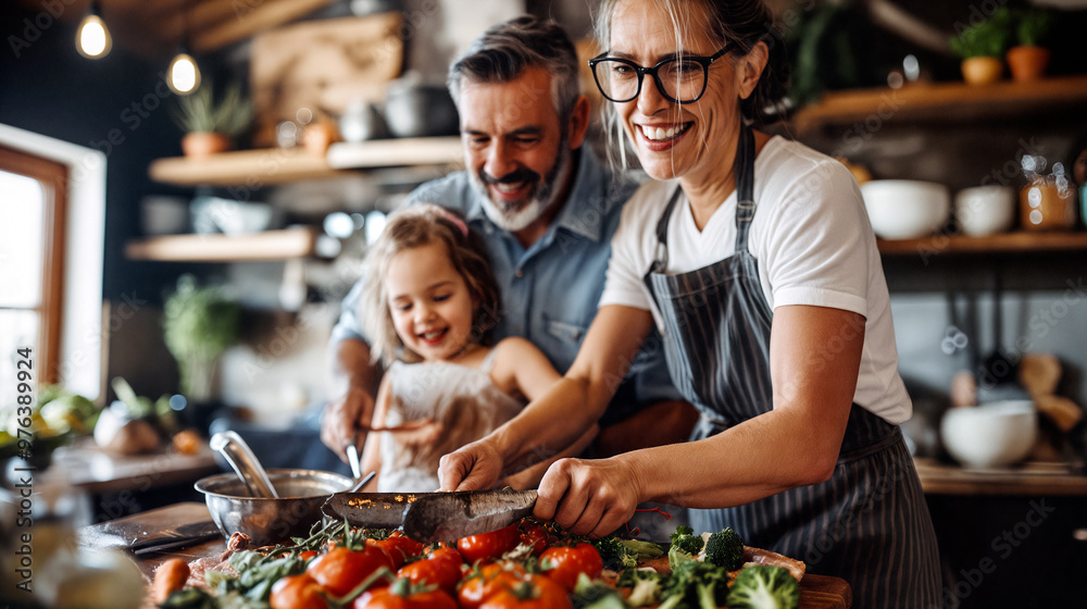 A joyful family cooks together in a warm kitchen, chopping fresh vegetables while sharing laughter, creating a bonding experience on a sunny afternoon - Generative AI A joyful family cooks together in a warm kitchen, chopping fresh vegetables while sharing laughter, creating a bonding experience on a sunny afternoon - Generative AI