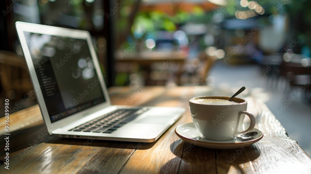 A high-quality AI-generated stock image of a cup of coffee and a laptop on a cozy cafe table on the right side, leaving space on the left for text. Perfect for work, productivity, and cafe content. A high-quality AI-generated stock image of a cup of coffee and a laptop on a cozy cafe table on the right side, leaving space on the left for text. Perfect for work, productivity, and cafe content.