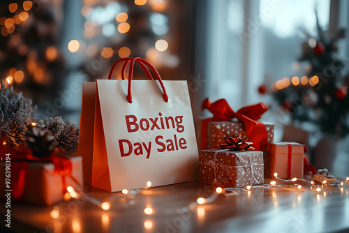 A festive shopping bag marked with boxing day sale is placed by an array of wrapped gifts and illuminated with warm fairy lights, evoking holiday cheer.