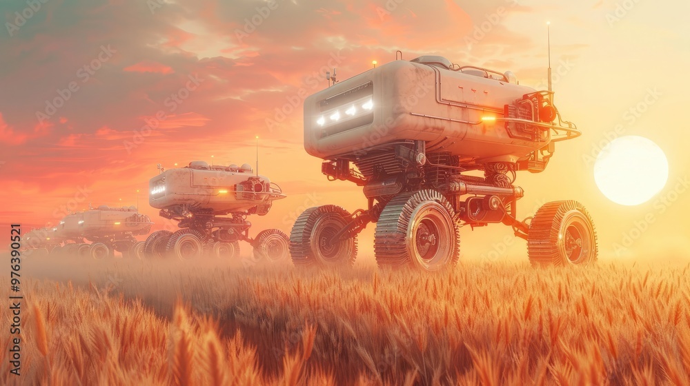 Fototapeta premium Futuristic and high tech agricultural tractor equipped with advanced technology and automation systems harvesting a vast wheat field at a dramatic and vibrant sunset sky