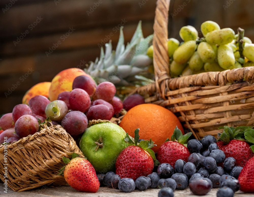 Rustic fruit baskets with depth of field featuring assorted fresh fruits and natural textures Rustic fruit baskets with depth of field featuring assorted fresh fruits and natural textures