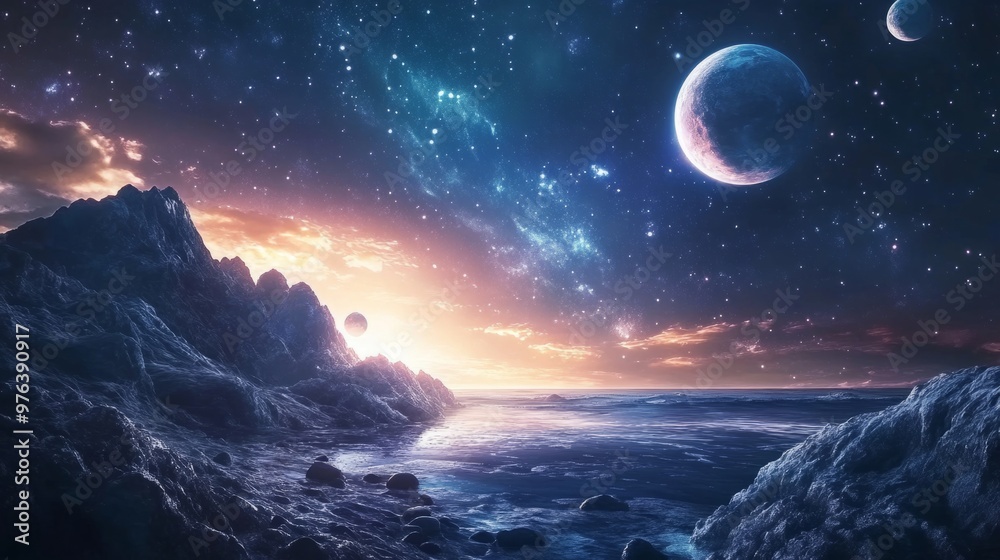 Beautiful fantasy landscape with planets and stars, rocky shore overlooking the ocean. Fantasy art Beautiful fantasy landscape with planets and stars, rocky shore overlooking the ocean. Fantasy art