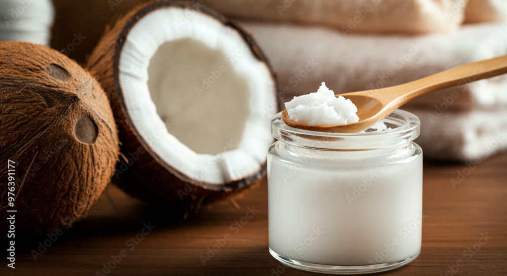 Coconut and coconut oil with spoon on wooden table for food preparation
