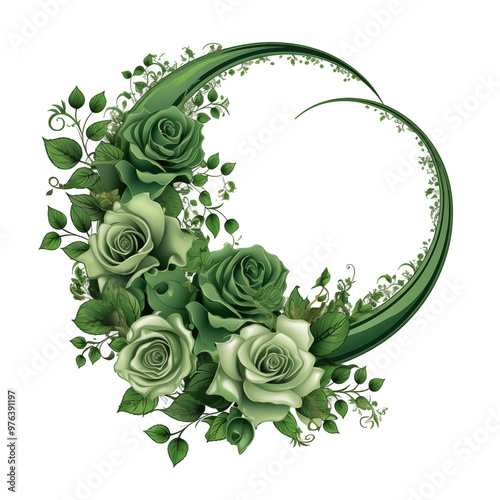 Elegant Green Roses And Leaves Forming A Crescent Shape Design On Transparent Background photo