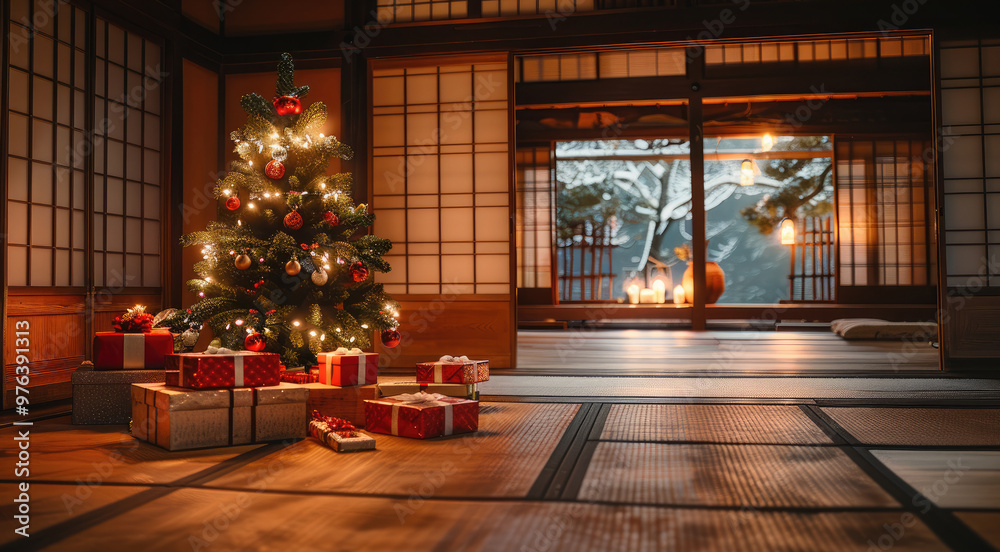 A cozy traditional Japanese home with shoji doors and tatami flooring, featuring a beautiful green small Christmas tree with sparkling lights. Several red and silver gift boxes are scattered around. A cozy traditional Japanese home with shoji doors and tatami flooring, featuring a beautiful green small Christmas tree with sparkling lights. Several red and silver gift boxes are scattered around.