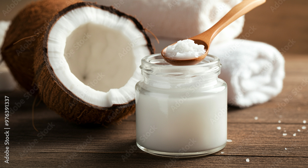 Coconut and jar of coconut oil with wooden spoon cooking ingredient for healthy lifestyle Coconut and jar of coconut oil with wooden spoon cooking ingredient for healthy lifestyle