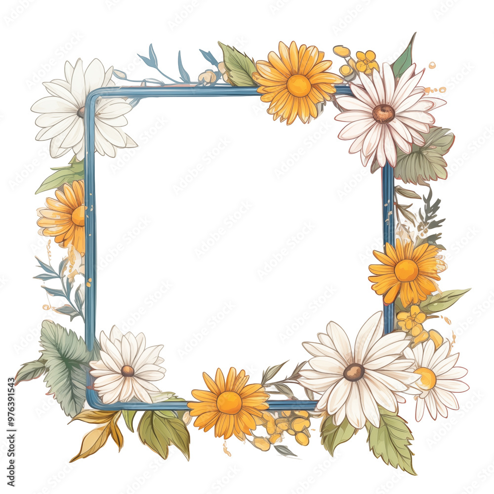 Fototapeta premium Colorful Daisies Forming A Square Floral Frame On A Transparent Background