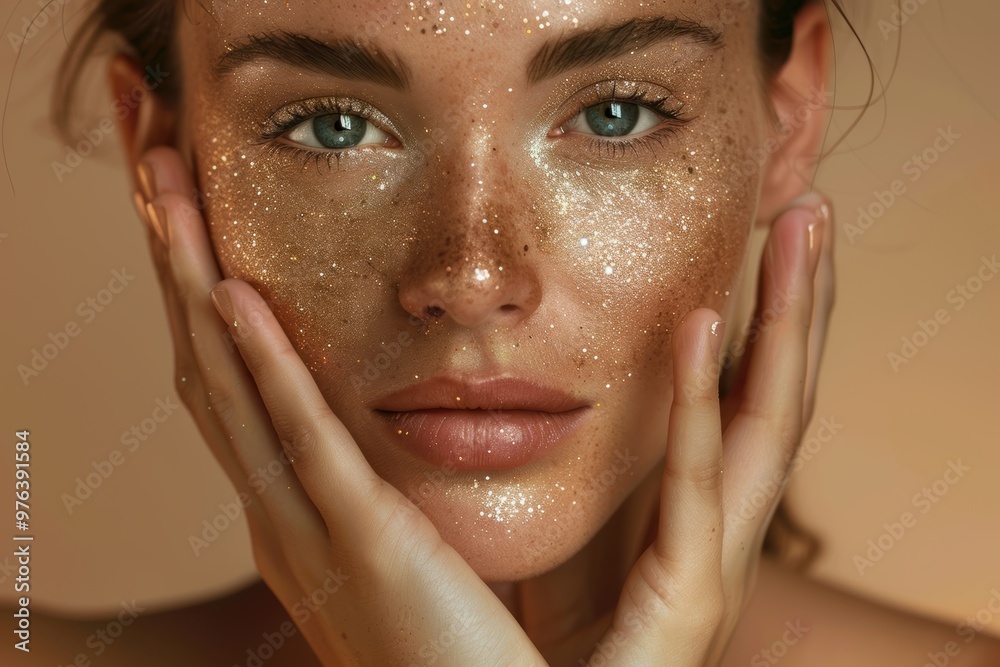 Beauty portrait of a woman using shimmering gold eyeshadow and cosmetics, showcasing glowing skin and a glamorous aesthetic Beauty portrait of a woman using shimmering gold eyeshadow and cosmetics, showcasing glowing skin and a glamorous aesthetic