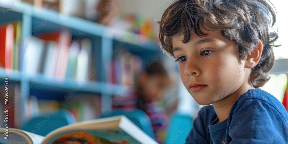 Young student engaged in reading during class with a supportive teacher, focusing on learning, development, and communication in an elementary education setting Young student engaged in reading during class with a supportive teacher, focusing on learning, development, and communication in an elementary education setting