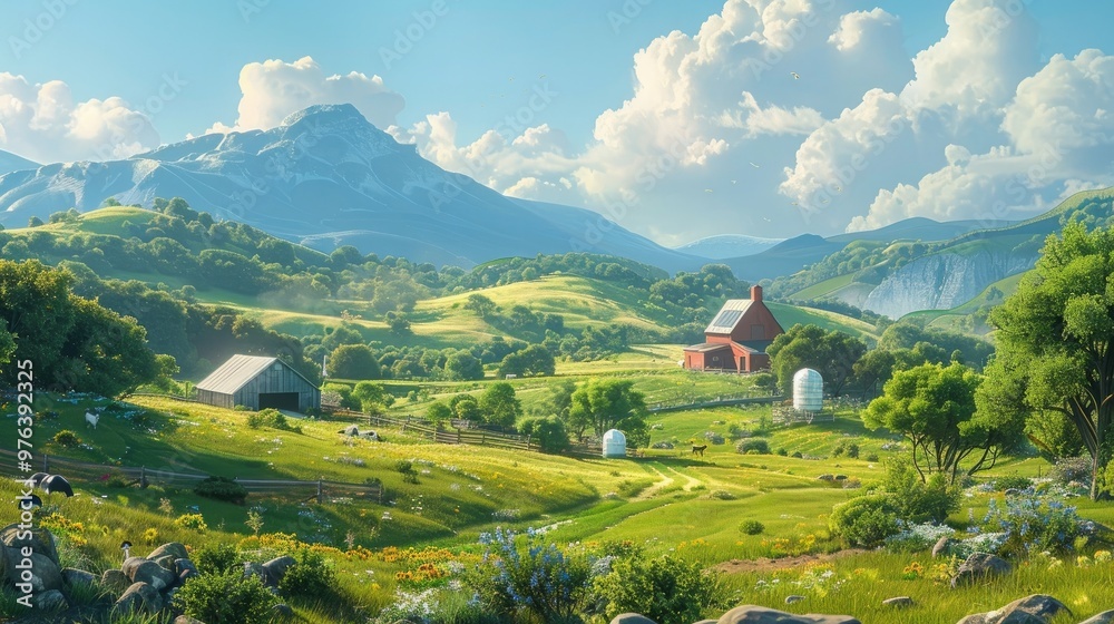 Stunning rural landscape with rolling hills majestic mountains and charming cottages nestled amidst lush green fields and meadows Stunning rural landscape with rolling hills majestic mountains and charming cottages nestled amidst lush green fields and meadows