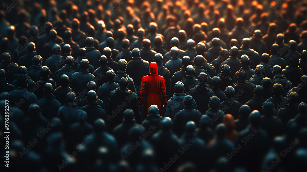 Obraz premium Red figure among uniformed crowd