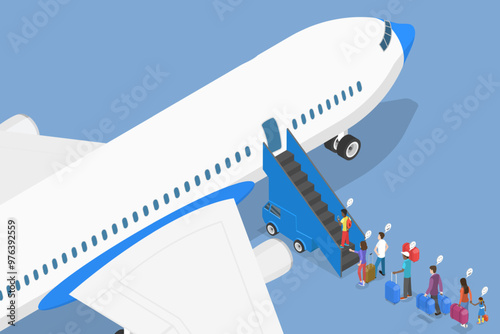 3D Isometric Flat Vector Illustration of Tourism and Traveling, Passengers Boarding Airplane