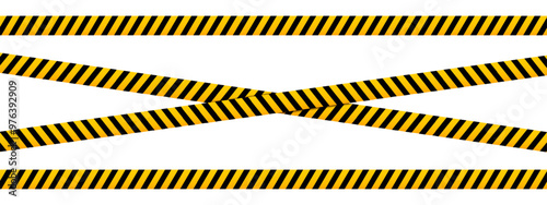 Horizontal and crossed caution tapes with black and yellow slashes print. Warning barricades in road work zone, construction area or criminal scene. Warn, hazard or stop signs. Vector illustration.