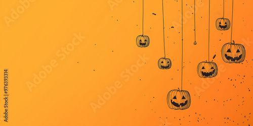 Banner minimalista de Halloween com abóboras penduradas. Fundo laranja vibrante e design clean. Ideal para projetos modernos e criativos photo