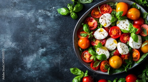 A high-quality AI-generated stock image of a colorful caprese salad with mozzarella and tomatoes on the right side, leaving space on the left for text. Perfect for food, salad, healthy eating content.