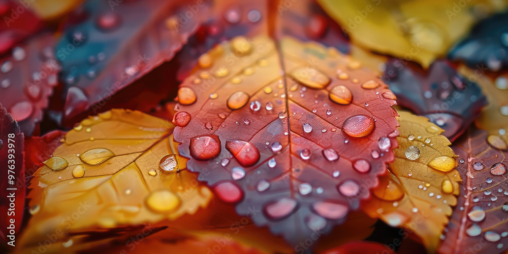 The vivid colors of autumn leaves are accentuated by raindrops. Generative AI. The vivid colors of autumn leaves are accentuated by raindrops. Generative AI.