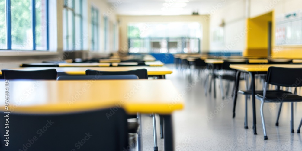 An empty classroom awaits the arrival of students, the sunlight streaming through windows illuminating rows of yellow desks and chairs, creating a bright learning environment.
