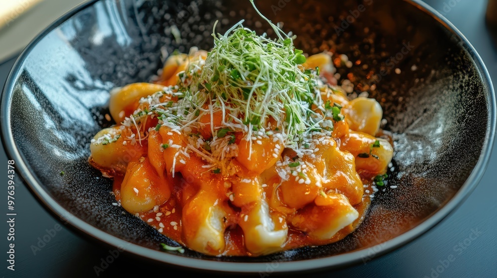 Gourmet Tteokbokki in Minimalist Bowl with Cheese, Jalapeno, and Tempura